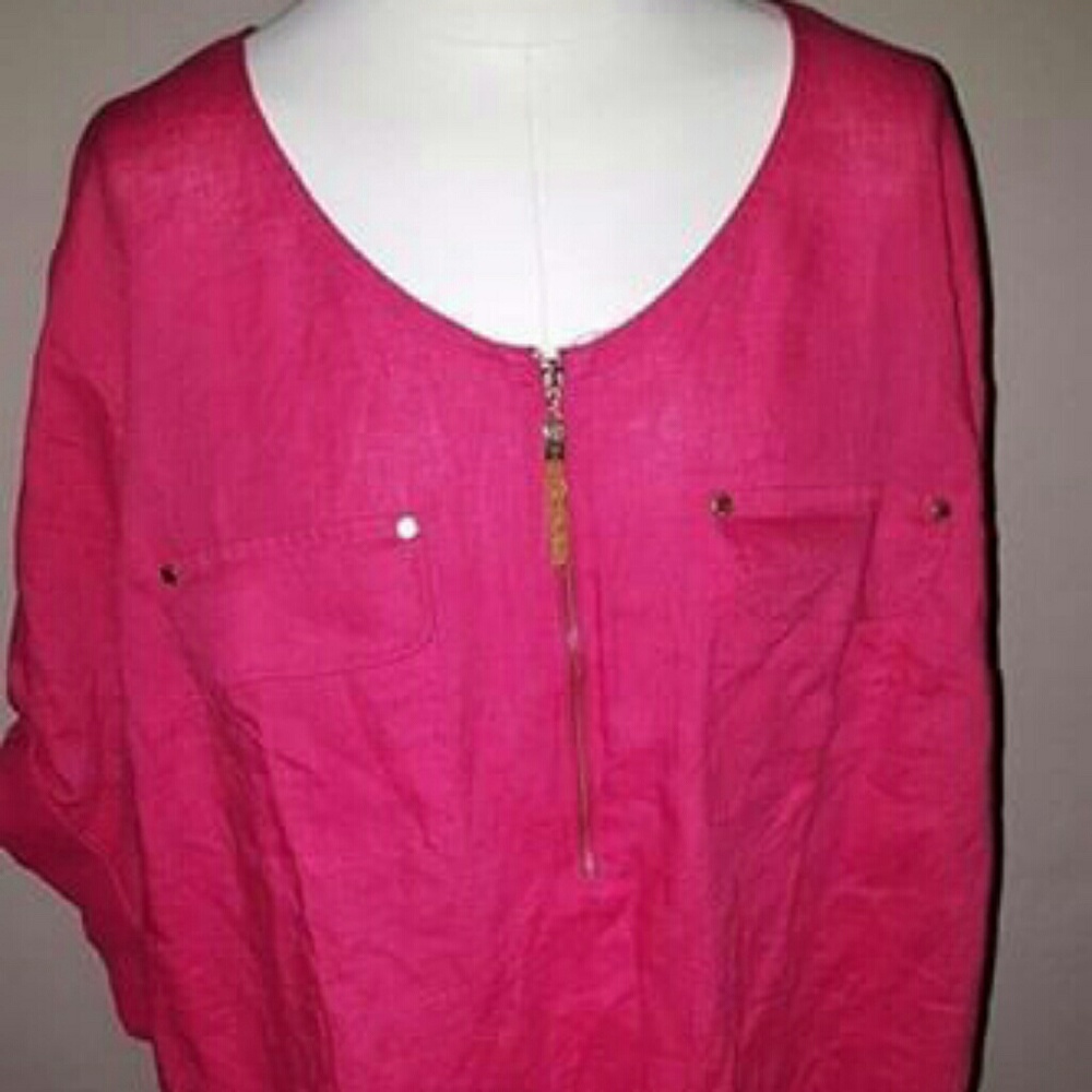 3X Ellen Tracy Pink Linen Blouse w Gold Accents